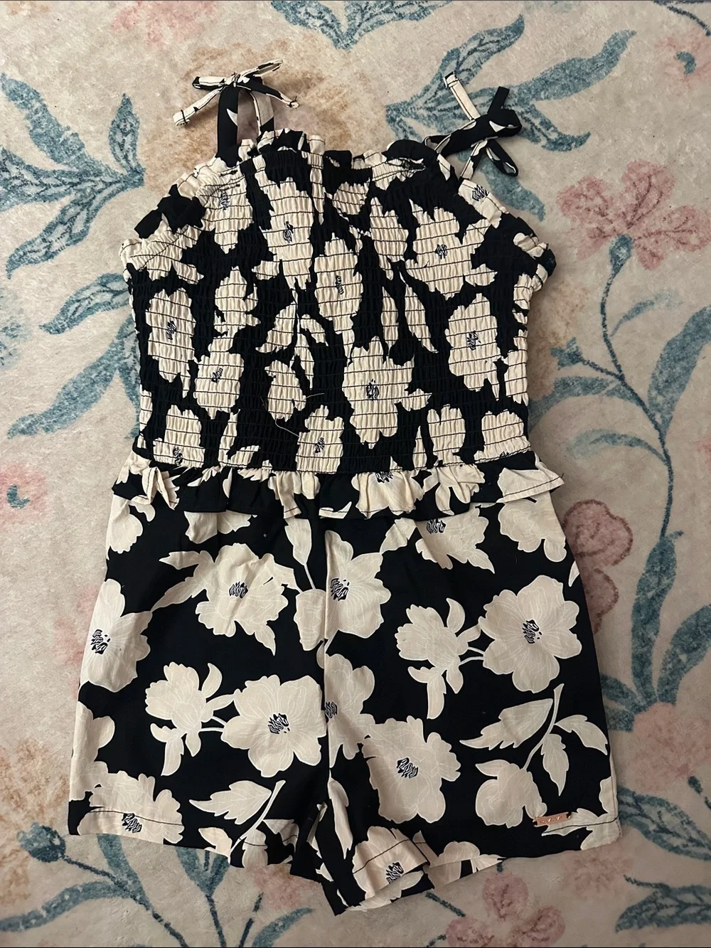 Girls' Black & White Floral One-Piece Romper